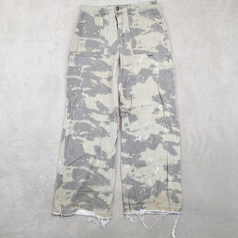 Lioness Y2K Cargo Pants Small Green Camo Cotton Wide Leg Distressed Streetwear